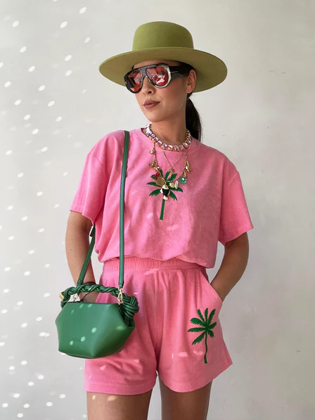 Set Badstof Pink with Green Velvet Palmtree